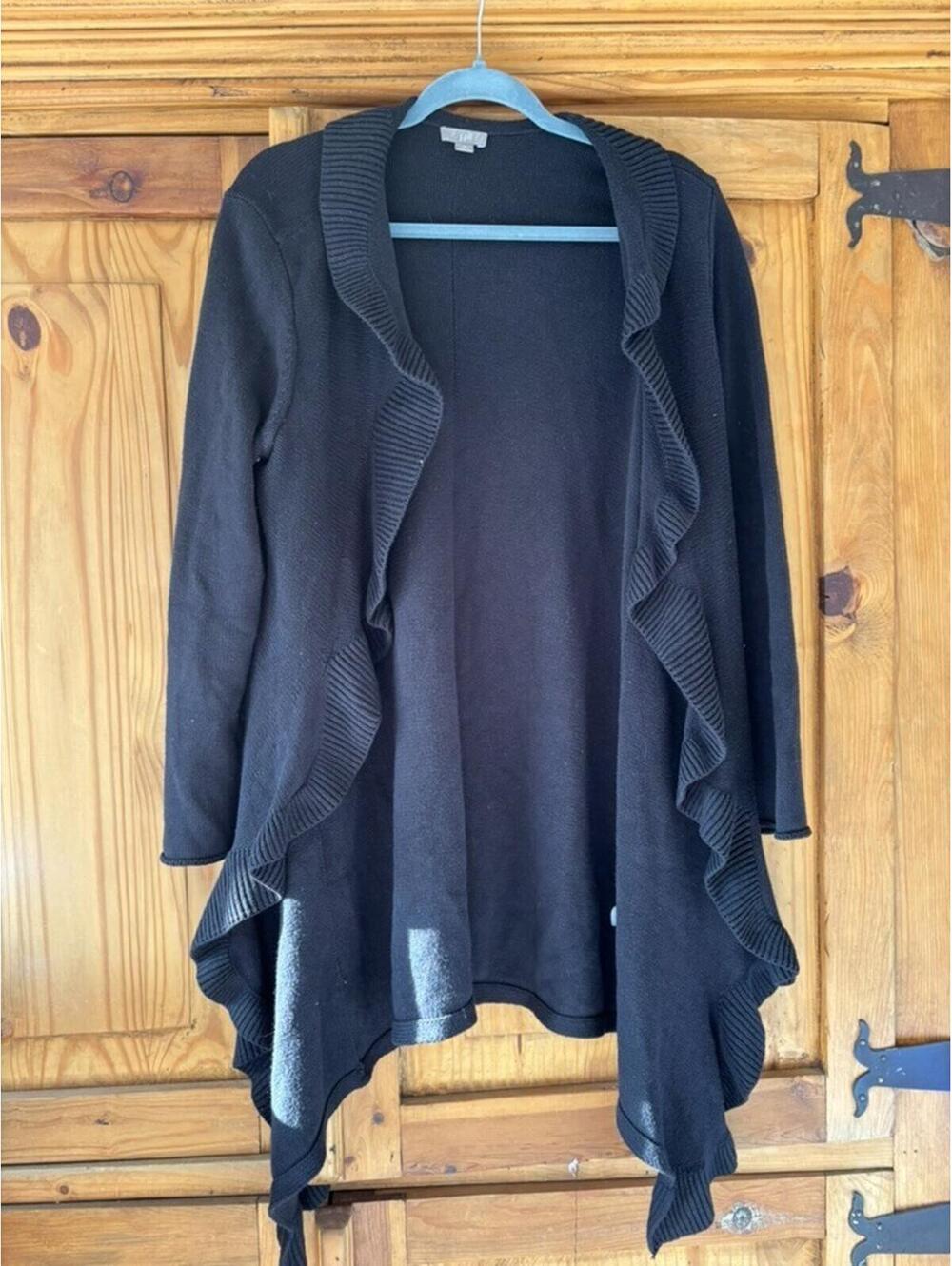 J Jill cotton blend sz M black ruffle open front cardigan sweater AA